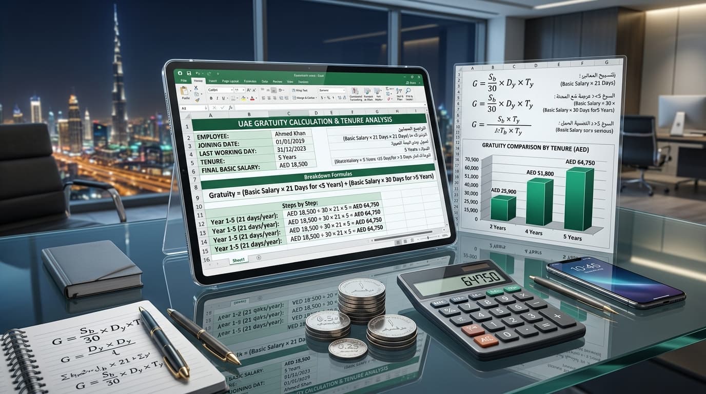 UAE Gratuity Calculation Spreadsheet and Formula in Excel - 2026 Tenure Analysis Template