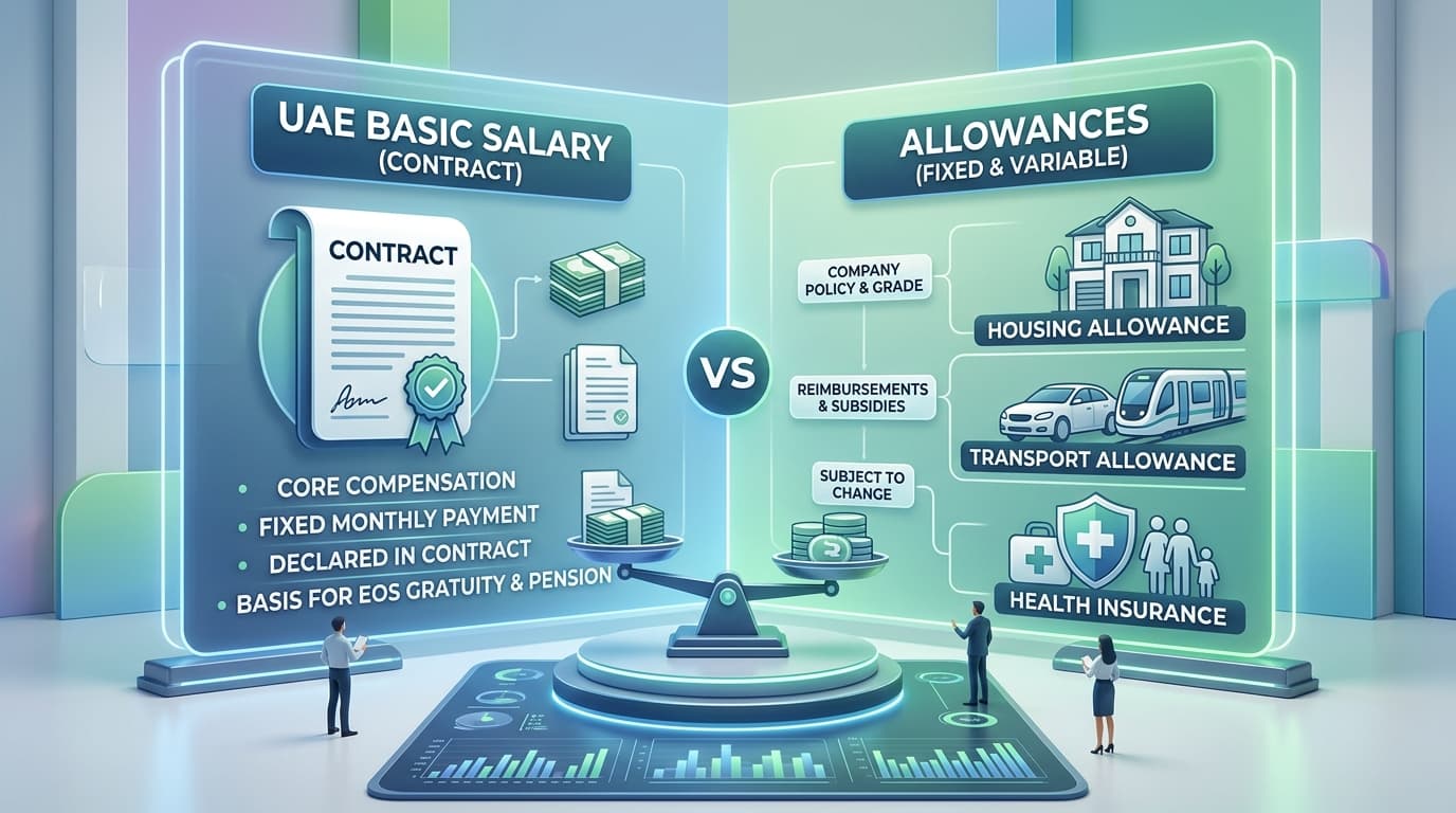 Basic Salary vs Allowances in UAE Labour Law (Federal Decree-Law No. 33 of 2021) UAE Basic Salary vs Allowances Comparison Chart - Article 51 Labour Law Breakdown